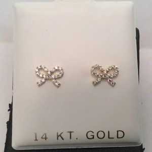 14k-Yellow Real Gold-Bow-Stud-CZ Earrings--Baby/Children-Safe-Screwbacks
